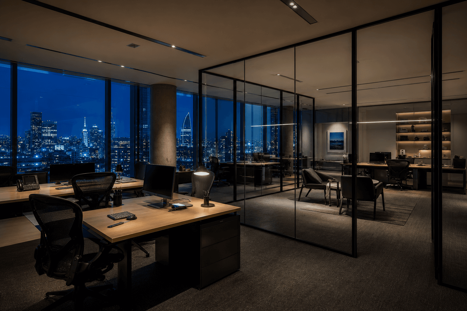 FinAxis office at blue hour with glass partitions and city views