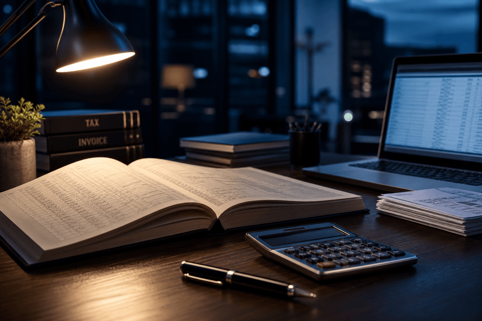 Organized bookkeeping desk with ledgers and calculator in warm dim lighting