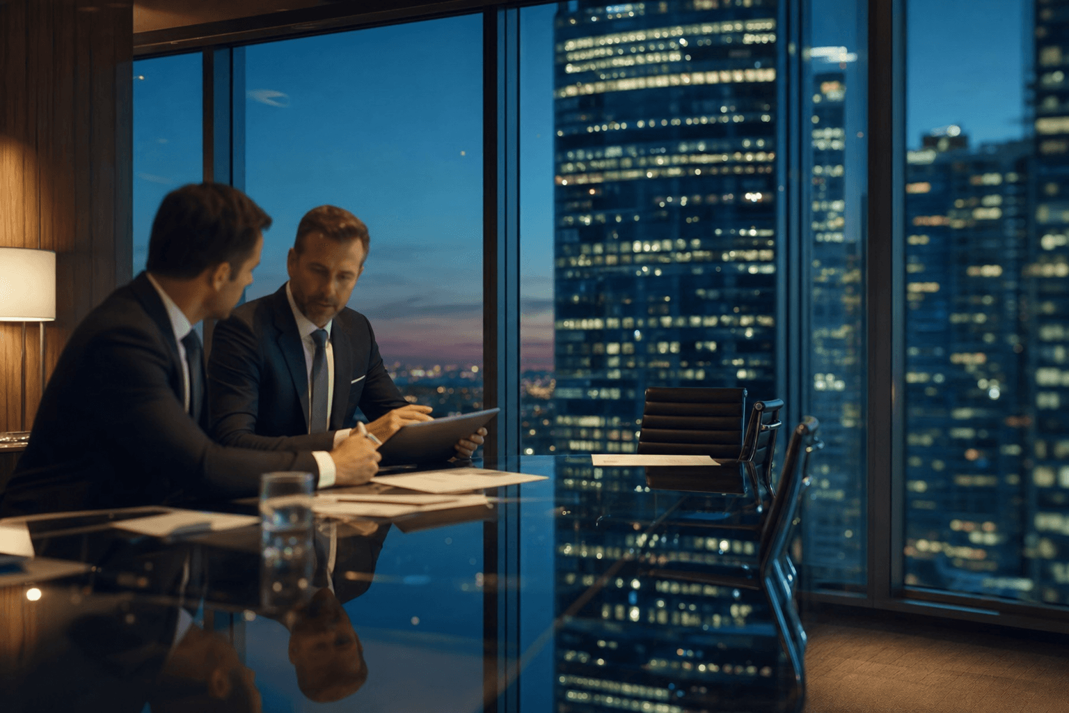 Boardroom consultation at dusk with city skyline through the window