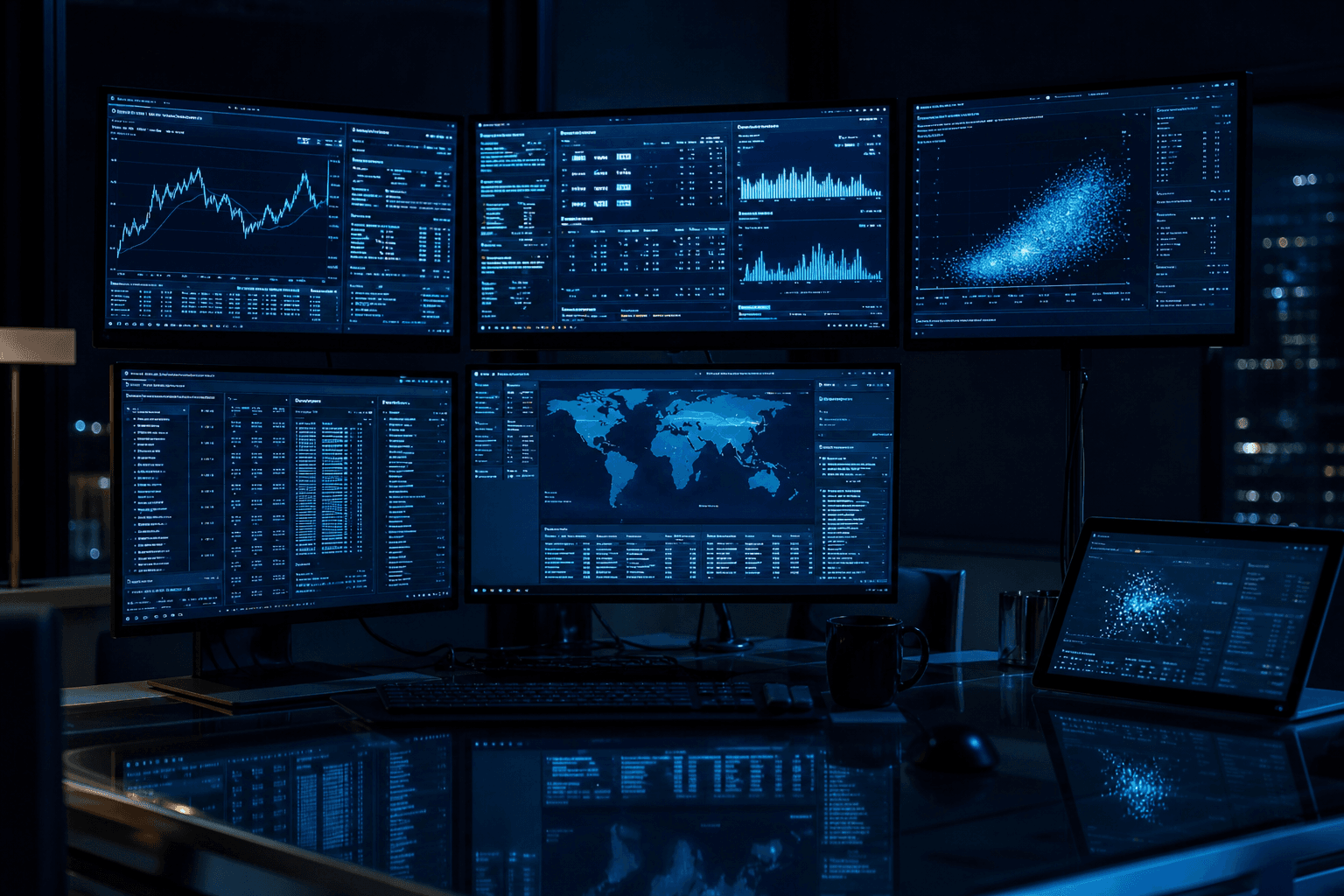 Close-up of multi-monitor workstation displaying data visualization dashboards
