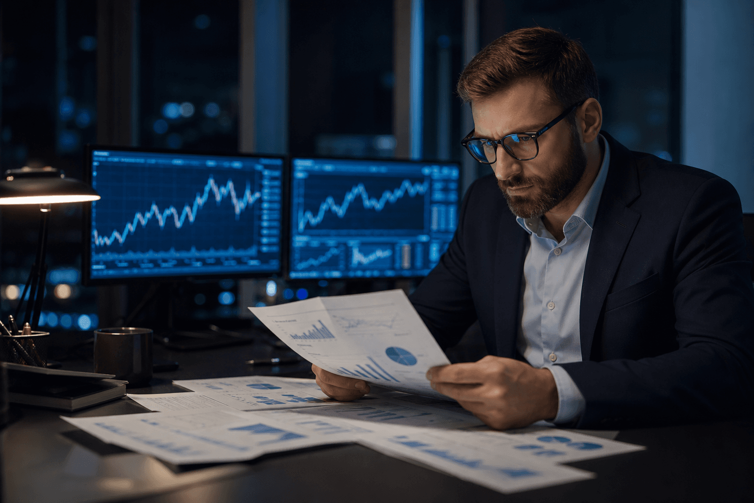 Financial analyst reviewing performance charts and reports in a dark modern office