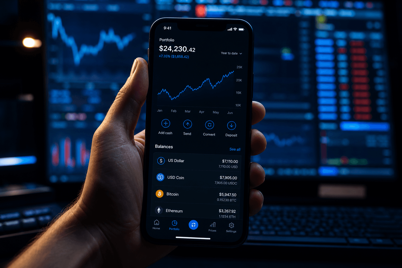 Fintech application on smartphone in front of a glowing trading terminal