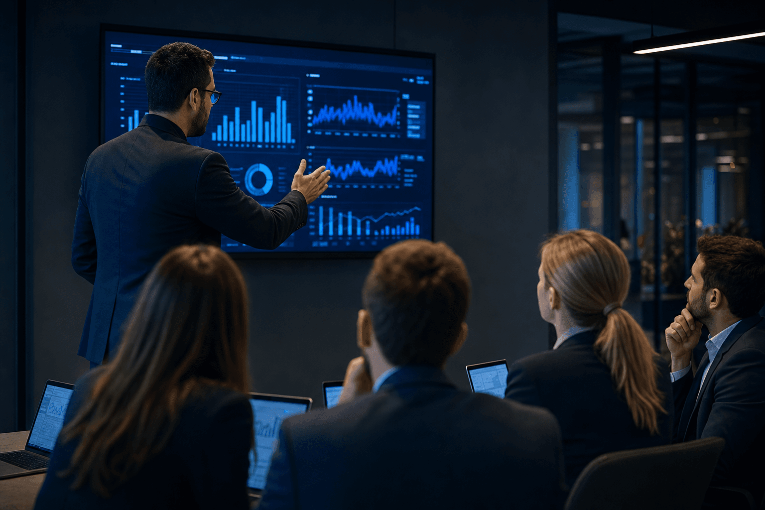 Corporate training workshop with presenter and screen in a modern venue